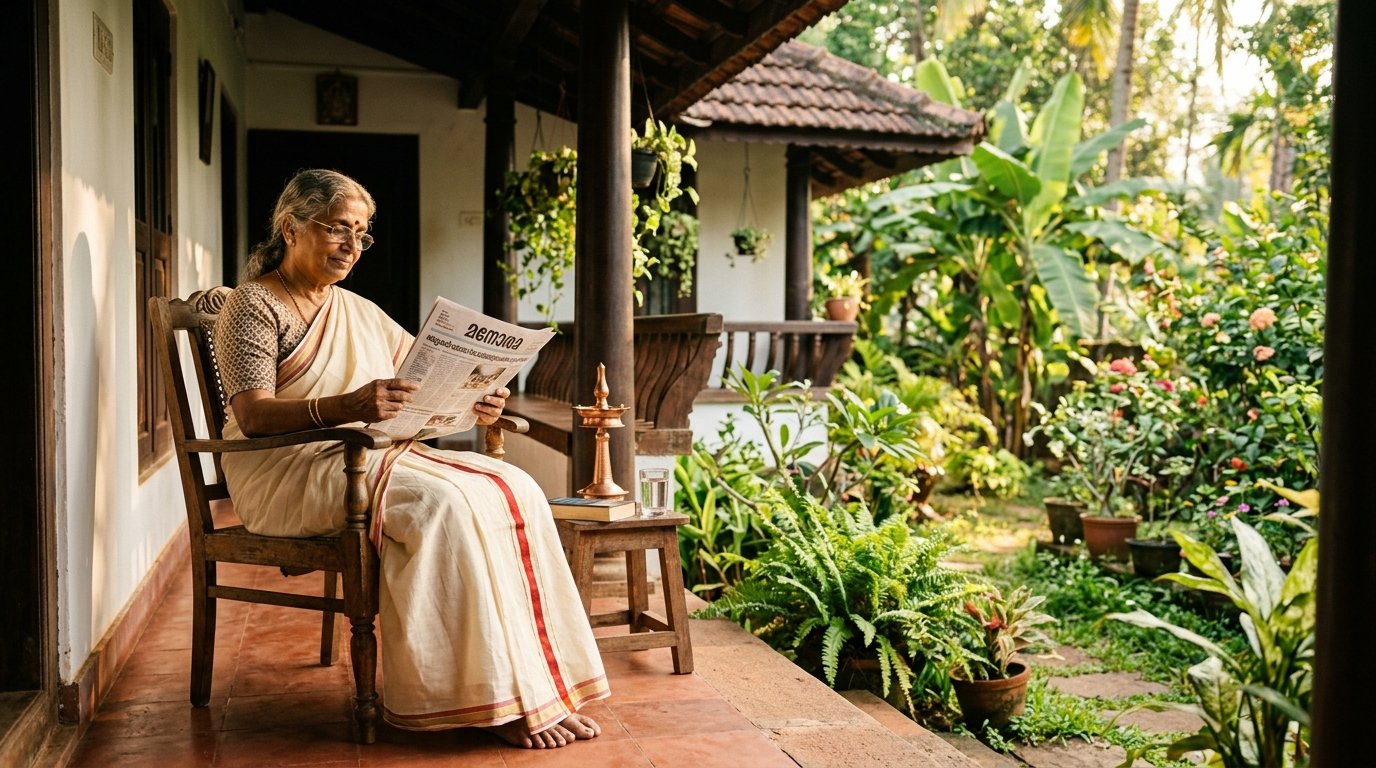 Elderly South Indian mother at Kerala home verandah