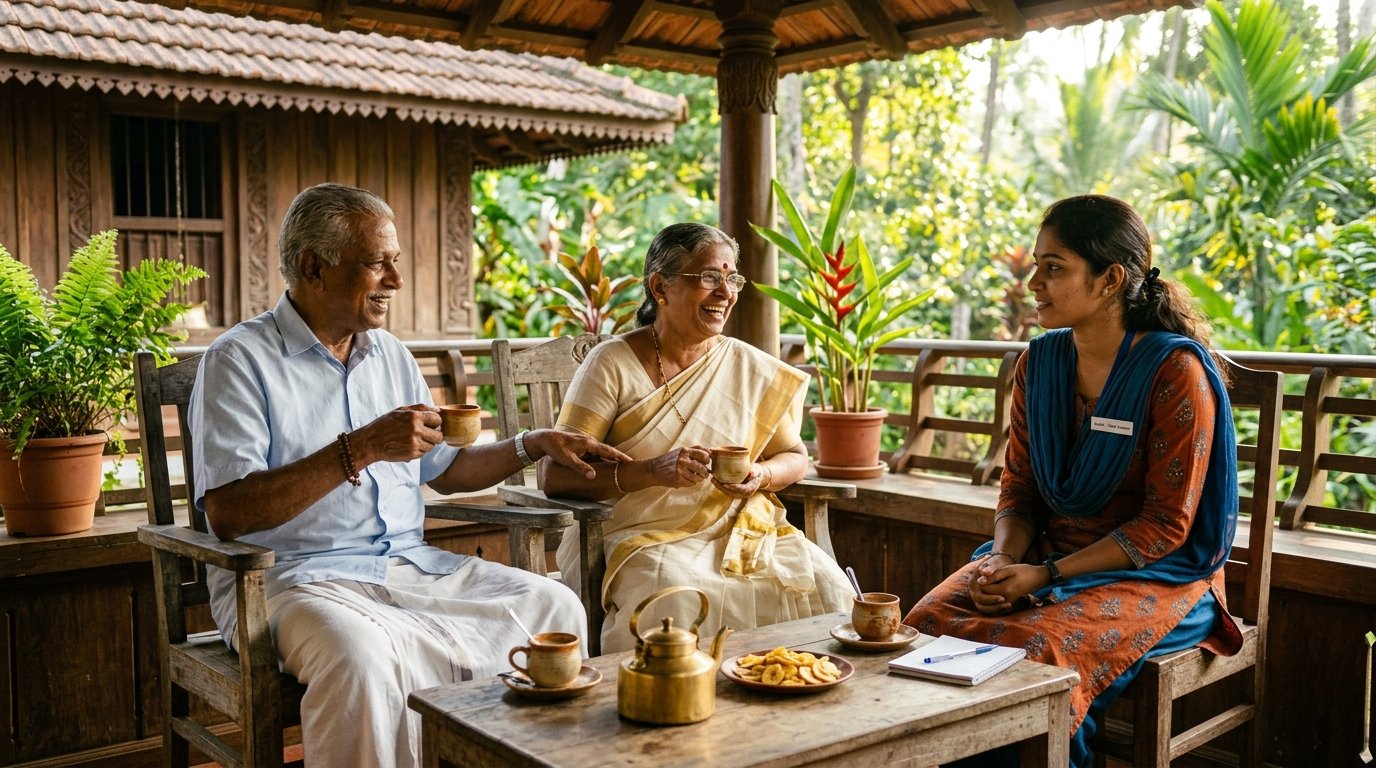 Traana liaison having tea with elderly parents on verandah