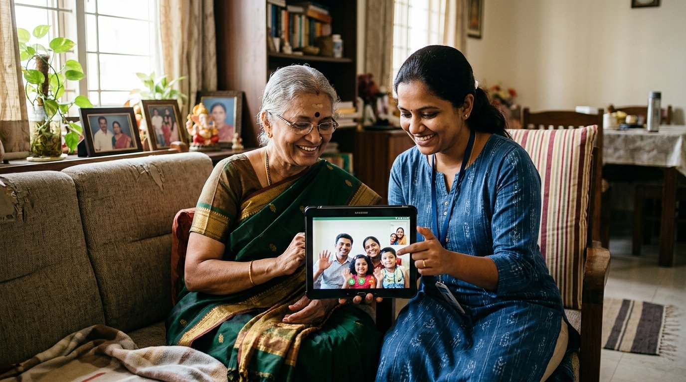Liaison assisting elderly mother with video call to grandchildren
