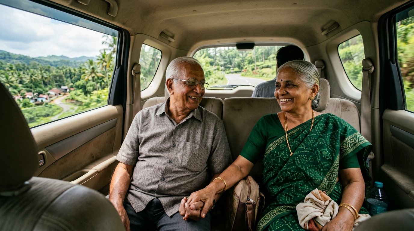 Elderly couple enjoying a scenic drive outing in Kerala countryside